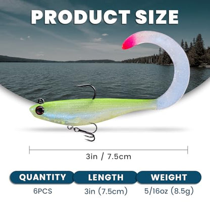 Pre-Rigged Soft Fishing Lures, Easy Catch Swimbaits for Bass Trout | Paddle & Curly Tail, Swim Baits for More Bites, Freshwater & Saltwater Fishing Bait, Crappie Walleye Pike Lures, Value Pack - color: B1-3"-0.31oz