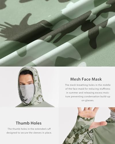 FISHEAL Men's Performance Fishing Hoodie Shirt - UPF 50+ UV Sun Protection Long Sleeve Shirts with Mesh Face Mask - color: Olive Green Camo, size: Large