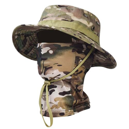 Camo Boonie Sun Hat with Balaclava Face Mask UV Protection Fishing Hat Bucket Hat for Hunting Hiking Military Tactical Safari - color: Camo Cp
