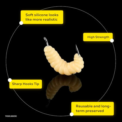 Bluegill Bait 24 Rubber Maggots with Hooks #10 Crappie Trout Panfish Lures | 24 Hooks + 24 Worms | Wax Worm Lure Grubs | Small Hook Micro Jig Soft Bait for Panfish Crappie | Freshwater Fishing Kit