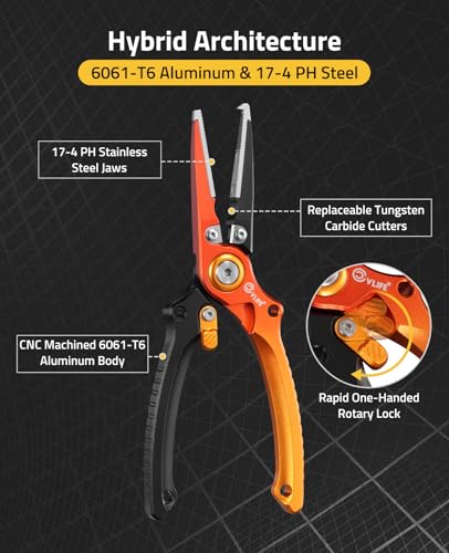 CVLIFE Fishing Pliers, Saltwater Hook Remover Kit, 7.5 Inch Aluminum Split Ring Pliers for Fishing with 17-4 PH Stainless Steel Jaws, Sheath, Tungsten Cutters Hook Sharpener & S-Carabiner - color: Orange