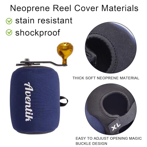 Aventik Neoprene Conventional Reel Cover Round Reel Gloves Trolling Reels Storage Reel Pouch Fits 800 1000 2000 3000 4000 5000 6000 Series Fishing Reels - color: Black/Blue, size: S:3.5''W x 2.6''D