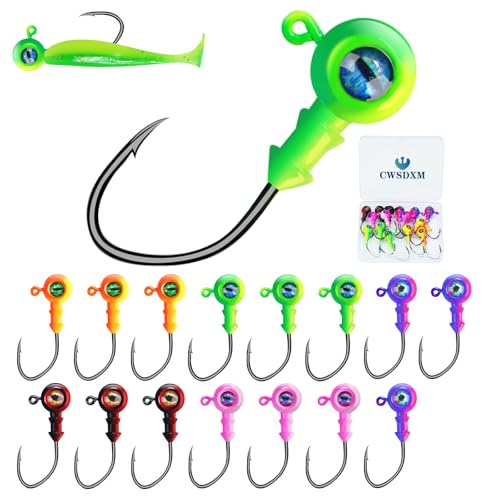 Round Jigs Heads for Fishing, 3D Eyes Ball Head Hooks with Stacked Cone Keeper, 1/8oz 1/5oz 1/4oz 3/8oz Crappie Jig Heads for Bass Fishing Trout Crappie Panfish Walleye - size: 1/5oz(5g)-15PCS