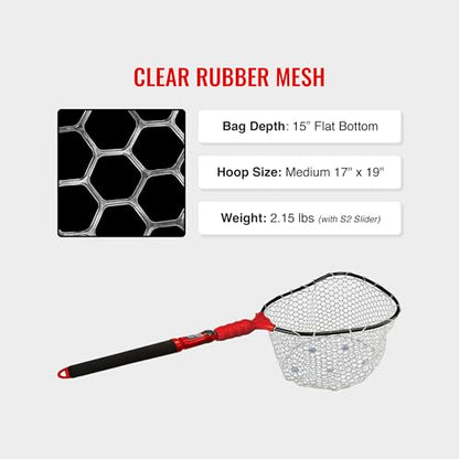 EGO S2 Slider Fishing Net Handle | Adjustable Extension Handle, Minimal Water Drag Design, Ergonomic Foam Grip for Landing Nets - size: 18" to 36" Handle, 17" x 19" Hoop, style: Lightweight Non-tangle Clear Rubber Mesh