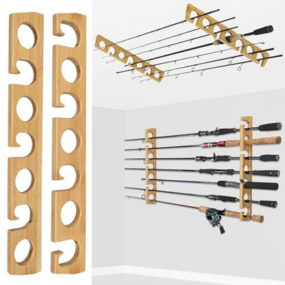 THKFISH Wood Fishing Rod Holders for Wall Ceiling, Holds Up to 7-10 fishing Pole Holders for Garage (1 set holds up 7 rods) - style: 1 set holds up 7 rods