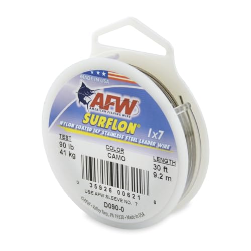 American Fishing Wire Surflon Nylon Coated 1x7 Stainless Steel Wire Leader - Wire Fishing Leader Line for Saltwater 10lb Up To 250lb Test in Bright, Black, Camo in 30ft, 100ft, 300ft, & 1000ft Lengths - color: Camo, style: 30 Feet, 90 Pound Test