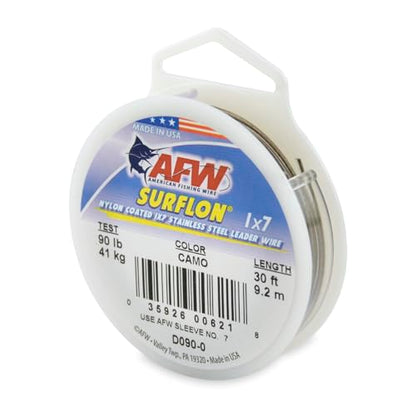 American Fishing Wire Surflon Nylon Coated 1x7 Stainless Steel Wire Leader - Wire Fishing Leader Line for Saltwater 10lb Up To 250lb Test in Bright, Black, Camo in 30ft, 100ft, 300ft, & 1000ft Lengths - color: Camo, style: 30 Feet, 90 Pound Test
