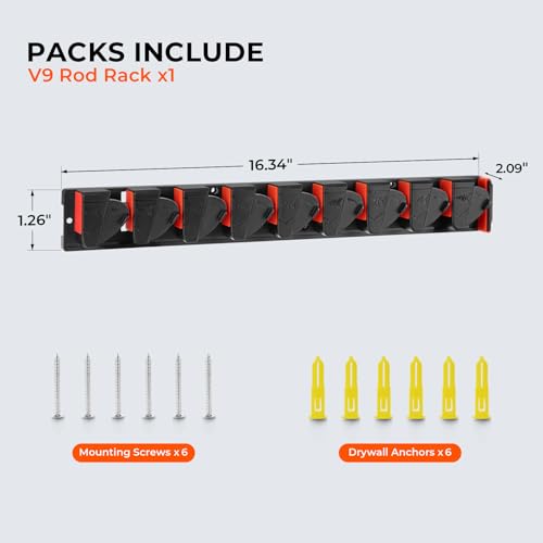 KastKing GravityLock V9 Vertical Fishing Rod Holder, Wall Mounted Fishing Rod Rack, Holds up to 9 Fishing Rods or Combos, Heavy-Duty Grip, One size Fits Most, Fishing Rod Holders for Garage - style: B:V9 (Store 9 Combos) – 1 Pack