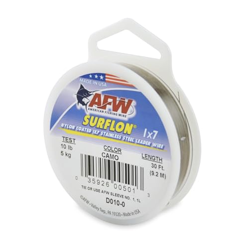 American Fishing Wire Surflon Nylon Coated 1x7 Stainless Steel Wire Leader - Wire Fishing Leader Line for Saltwater 10lb Up To 250lb Test in Bright, Black, Camo in 30ft, 100ft, 300ft, & 1000ft Lengths - color: Camo, style: 30 Feet, 10 Pound Test