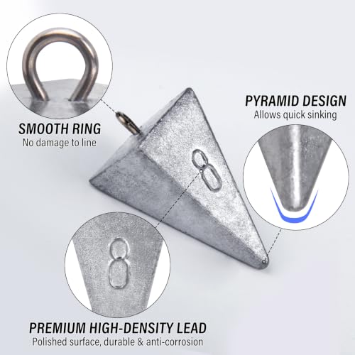 Alwonder Pyramid Sinkers Lead Fishing Weights for Surf Pompano Catfishing | Pyramid Weights 1oz-2LB Saltwater Freshwater Fishing Sinkers No-Roll Triangle Inshore Ocean Beach Casting Bottom Pier Fishing - size: 8oz-6 Pack