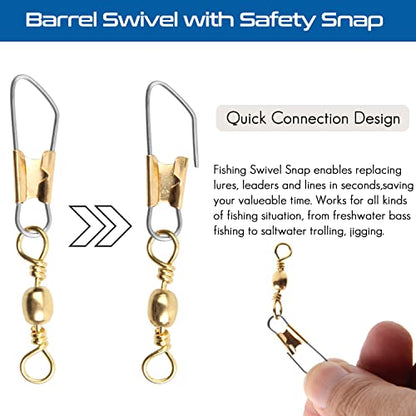 AGOOL Barrel Swivel Snap Kit - 50pcs Barrel Swivels with Safety Snaps High Strength Fishing Quick Connect Snap Swivels with Solid Ring Fishing Tackle Accessories Box Kit Size 4#,6#,8#,10#,12#,14# - color: 50pcs-black&gold