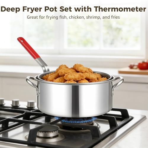 10 QT Stainless Steel Deep Fryer Pot with Basket Lid Tongs Thermometer, Fish Fryer Set for Propane and Gas Stoves, Not for Induction or Electric Cooktops