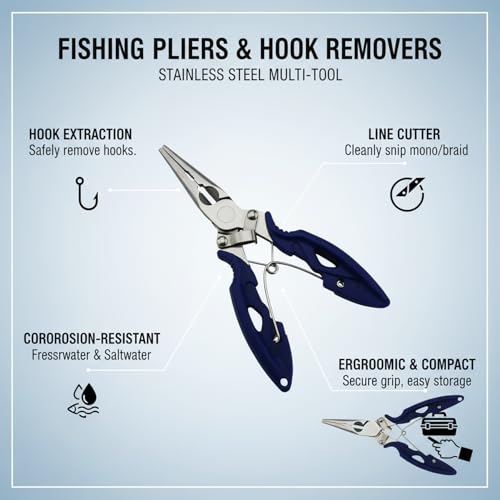 Stainless Steel Fishing Pliers with Line Cutter, 6.5 Inch Multi-Tool for Hook Removal and Lure Retrieval, Blue