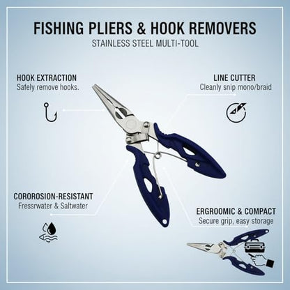 Stainless Steel Fishing Pliers with Line Cutter, 6.5 Inch Multi-Tool for Hook Removal and Lure Retrieval, Blue