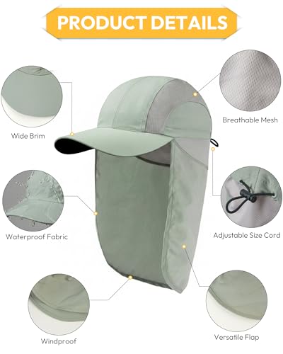 Mens Sun Hat with Breathable Mesh Sun Hats for Men Sun Protection Fishing Hat with Neck Flap for Hiking Cycling - color: Grayish Green