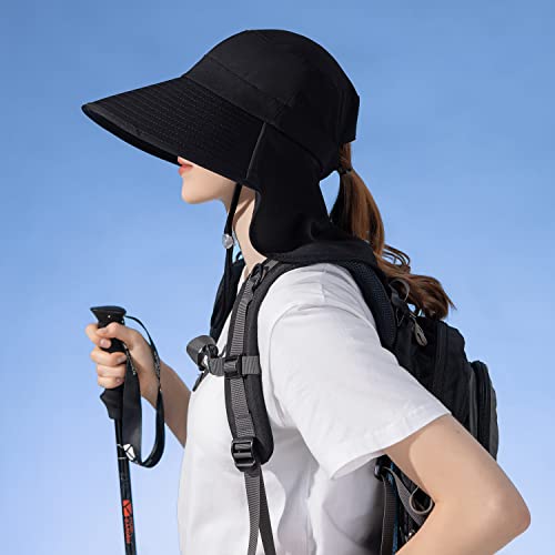 HUAMULAN Men Summer Sun Hat Women Safari Wide Brim Fishing Hats UV Protection Neck Flap Bucket Gardening Hiking Hunting Cap - color: Bg8112-black