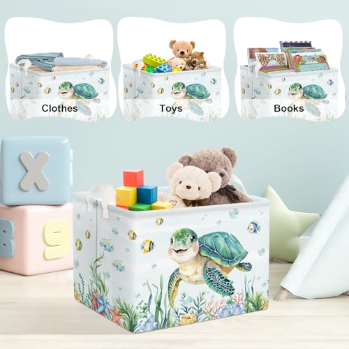 Clastyle Large Fish Sea Turtle Baby Basket Ocean Coral Seaweed Starfish Toy Book Shelf Basket Waterproof Pool Toy Beach Towel Storage Bin Collapsible Dirty Clothes Hamper, Blue, 40 * 30 * 30 cm - size: 40*30*30 cm