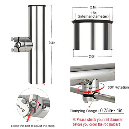 AMYSPORTS Rail Mount Rod Clamp Holders Boat Clamp Holders Rod Stainless Steel Fishing Rods Holder Adjustable Marine Side Mounted Support for Kayak Boats Fishing