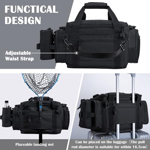 Goture Fishing Tackle Bag,Store Up to 4PCS 3700 Tackle Boxes(Not Included),600D Soft Side Water-Resistant Saltwater Gear Storage Fishing Bag with Rod Straps,Detachable Water Bottle Pouch,SBS Zippers - color: A3:Black(Without Trays-17.72"x11.81"x9.45"), si