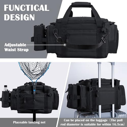 Goture Fishing Tackle Bag,Store Up to 4PCS 3700 Tackle Boxes(Not Included),600D Soft Side Water-Resistant Saltwater Gear Storage Fishing Bag with Rod Straps,Detachable Water Bottle Pouch,SBS Zippers - color: A3:Black(Without Trays-17.72"x11.81"x9.45"), si