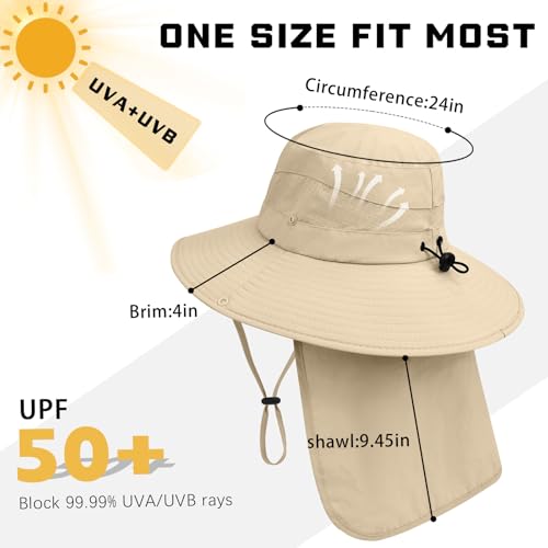 Sun Hats for Men Women, UPF50+ Protection Safari Hat,Wide Brim Fishing Hat with Neck Flap,Bucket Hats for Beach Hiking - color: Beige