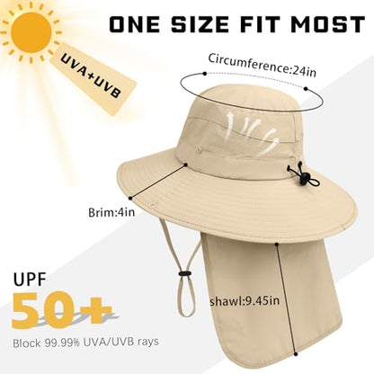 Sun Hats for Men Women, UPF50+ Protection Safari Hat,Wide Brim Fishing Hat with Neck Flap,Bucket Hats for Beach Hiking - color: Beige