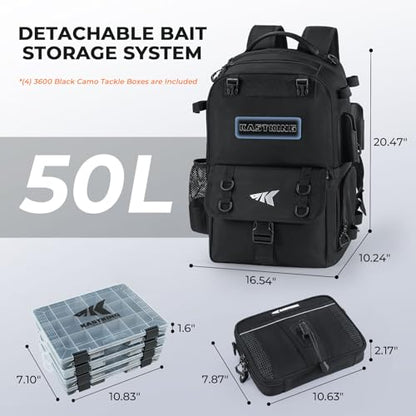 KastKing BaitSpace Fishing Tackle Backpack with Removable Bait Binder,2 Rod Holders Storage Fishing Gear and Equipment - color: A: Black (With (4) 3600 tackle boxes)
