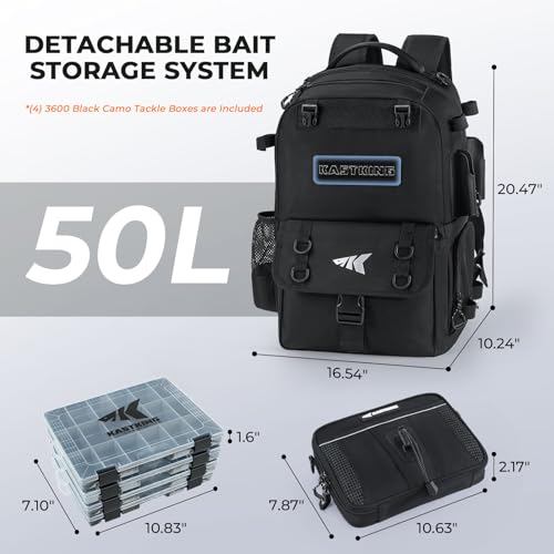KastKing BaitSpace Fishing Tackle Backpack with Removable Bait Binder,2 Rod Holders Storage Fishing Gear and Equipment - color: A: Black, size: With (4) 3600 tackle boxes
