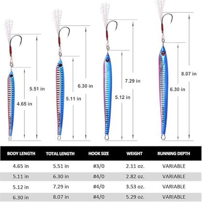 Goture Fishing Jigs Saltwater 60g-200g with Assist Hook, Glow Vertical Jigs, Speed Fast Lead Jig Sea Fishing Jigging Spoon Lures for Tuna, Salmon, Sailfish, Striped bass, Grouper Snapper, Kingfish - color: M1:4PCS Multi Colors Jigs with Cardboard Tube, si