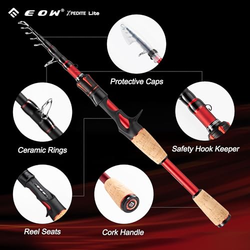 EOW XPEDITE LITE Portable Telescopic Fishing Rods & Combo, Spinning & Casting Fishing Poles, 24T Carbon Rod Blanks, Solid Carbon Tip, Split Cork Grips, Travel Rod, Combos with 5+1BB Spinning Reel - size: 7'-M-Fast, style: Rod- Casting