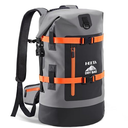 HEETA Dry Bags Waterproof Backpack 40L for Men & Women, Roll Top Heavy Duty Cushioned Hiking Backpack for Kayaking Boating Paddle Boarding Fishing Travel Camping Beach Vacation Cruise Ship Essentials - color: Grey