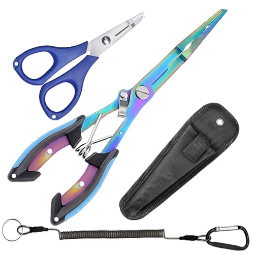 Fishing Needle Nose Pliers, Stainless Steel Fish Pliers and Scissors Set with Sheath Lanyard, Hook Remover Split Ring Tools, Aboda Fishing Gear Fresh & Saltwater Fishing Tool Kit