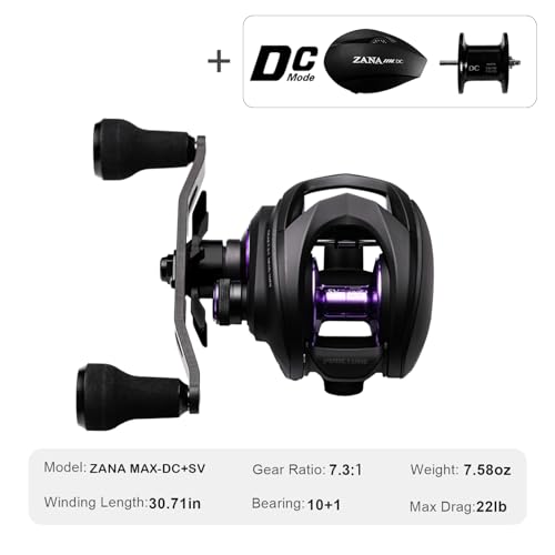 PURELURE Zana MAX Baitcasting Reel, SV+DC Dual Brake System Fishing Reel with Extra DC Side Cover+DC Spool, 7.3 Gear Ratio 22LB Drag Anti-Backlash Aluminum Frame Baitcaster Reels for Bass Pike - size: ZANA MAX-22LB, style: Left Hand