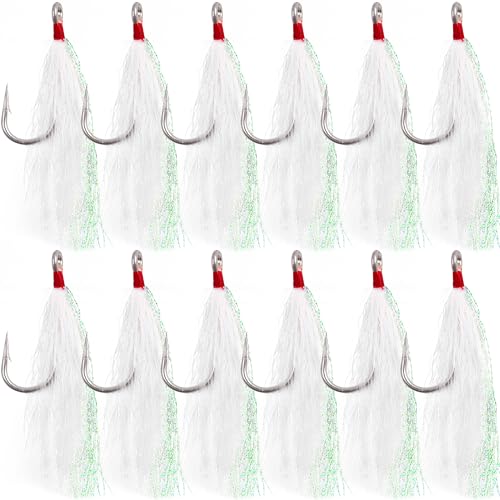 Bucktail Teasers Fishing Hooks Saltwater Flounder Rig Bucktail Mylar Teasers Inserted Stainless Steel Fishing Teaser Hooks for Striped Bass Trout Catfish Cod Flounder Hi/Lo Rig Jigs Spoons Lures - color: White, size: 12pcs