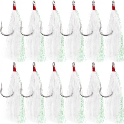Bucktail Teasers Fishing Hooks Saltwater Flounder Rig Bucktail Mylar Teasers Inserted Stainless Steel Fishing Teaser Hooks for Striped Bass Trout Catfish Cod Flounder Hi/Lo Rig Jigs Spoons Lures - color: White, size: 12pcs
