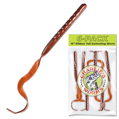 Charlie's Worms 10" Ribbon Tail Soft Plastic Worms for Bass Fishing, Freshwater & Saltwater Lures, Scented Swim Bait, Texas Rigged, Weedless, Large & Smallmouth, White Firetail, 6-Pack - color: Black Moccasin
