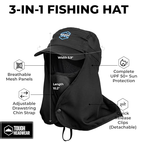 Tough Headwear Fishing Cap w/Face Mask & Neck Flap - Sun Protection Hat with UPF 50 -Landscaping Hats for Women and Men - color: Black
