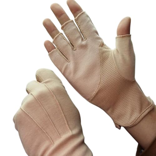 JIAHG Women Men's Driving Gloves Summer UV Sun Glove Non Slip Touchscreen Cotton Gloves Outdoor Sunblock Mittens for Cycling - color: Cotton-khaki Half Finger