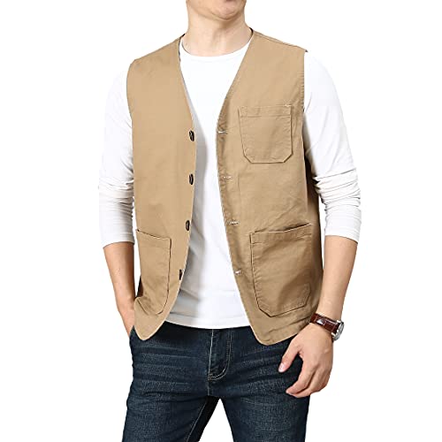 PRIJOUHE Men's Casual Outdoor Cotton Vest Lightweight Breathable Multi-Pocket Fishing Safari Travel Vests Outwear - color: 02-khaki, size: Medium
