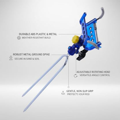 Blue Fishing Rod Holder with Metal Ground Spike, Adjustable Rotating Head for Sand and Soil, Portable Beach and Riverbank Stake