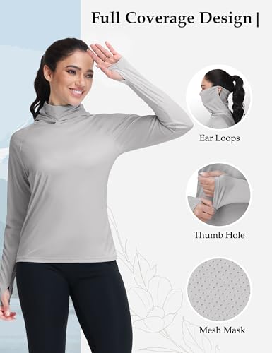 isnowood Women's Sun Protection Hoodie UPF 50+ Hiking Fishing Shirt, Long Sleeve UV Rash Guard with Face Mask Lightweight - color: Light Grey, size: Medium