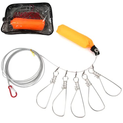 Fish Stringer with 5 Stainless Steel Locking Movable Buckle and Stainless Steel Ropes Fishing Lock Cable Accessory