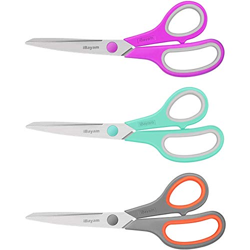 iBayam 8" Heavy Duty Scissors All Purpose for Office School Crafts Sewing | 3-Pack, 2.5mm Ultra Sharp Blades, 100,000+ Cuts, Comfort Grip Handles, Left & Right Handed – Teacher Desk & Classroom Must - color: Mint, Grey, Purple, size: 3-Pack