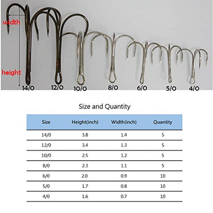 Classic Treble Hooks Standard Strength Fishing Hook Large Super Sharp Triple Barbed Fish Hook Bronze Size 12/0 - size: 10/0-5pcs-Silver