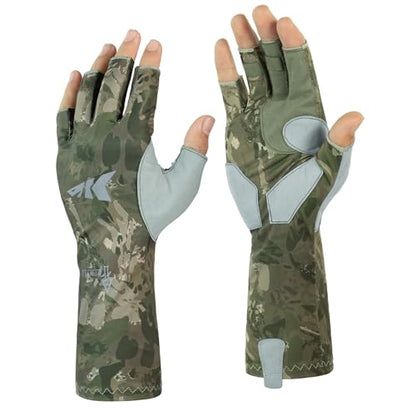 KastKing Agies Fishing Gloves Men, UPF 50+ Sun Gloves UV Protection, Cooling Quick-Dry 3/4 Fingerless Gloves with Extended Cuff, Microfiber Palm & Pull Tabs, for Fishing, Kayaking, Hiking, Hunting - color: X Camo-Olive Green, size: Small-Medium