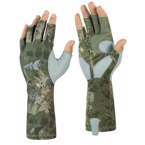 KastKing Agies Fishing Gloves Men, UPF 50+ Sun Gloves UV Protection, Cooling Quick-Dry 3/4 Fingerless Gloves with Extended Cuff, Microfiber Palm & Pull Tabs, for Fishing, Kayaking, Hiking, Hunting - color: X Camo-Olive Green, size: Small-Medium