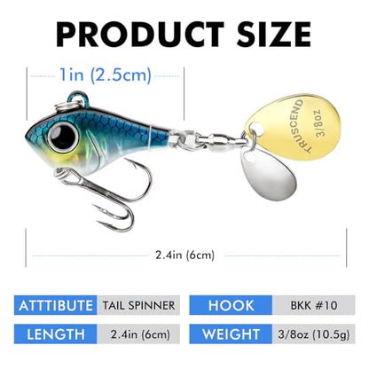 TRUSCEND Vibespinner Easy Catch Fishing Lures with BKK Hooks, Tail Spinner Baits with 4 Actions, Vibrating Swimming Flashing & Jigging for More Bites, Spoon Lures for Bass Trout Crappie Walleye Pike - color: A2-3/8oz-10.5g