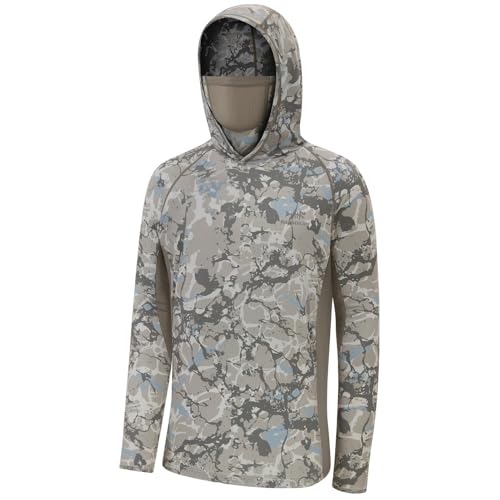 BASSDASH UPF 50+ Men’s Fishing Hoodie Shirts with Mask Camo UV Long Sleeve Moisture Wicking FS53M - color: Ash Grey Ripple Camo, size: X-Large