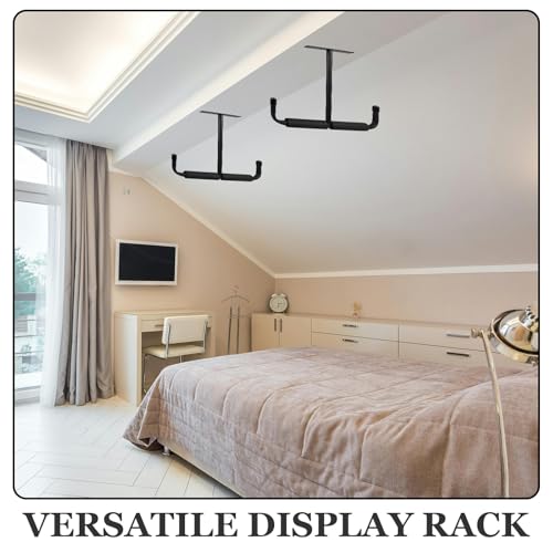 Heavy Duty T-shaped Ceiling Mounted Bike and Fishing Rod Storage Rack with Double Sided Hooks, Black Steel Garage Hanging Organizer for Kayak and Skateboard
