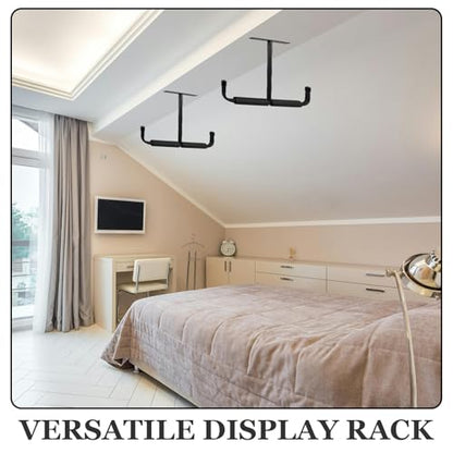 Heavy Duty T-shaped Ceiling Mounted Bike and Fishing Rod Storage Rack with Double Sided Hooks, Black Steel Garage Hanging Organizer for Kayak and Skateboard
